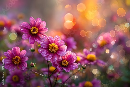 Pink daisies blooming in vibrant summer garden under warm sunlight, creating a cheerful and romantic floral atmosphere perfect for seasonal outdoor decor.