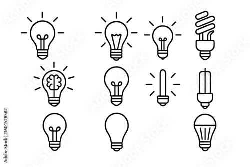 Lightbulb icons line art vector set, incandescent LED CFL fluorescent lamp symbols for idea innovation creativity energy efficiency technology infographic presentation design