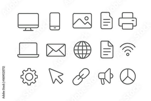 Minimalist thin line vector icon pack for digital UI, print and web design with technology, communication, office and multimedia symbols on transparent background