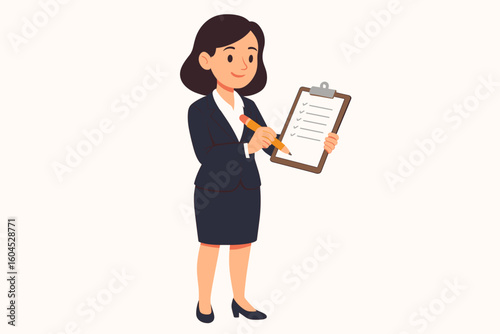 Professional businesswoman holding clipboard checklist taking notes. Female office worker writing list. Corporate woman concept vector cartoon illustration