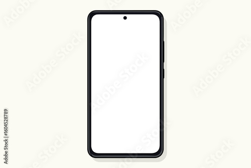 Modern smartphone front view mockup with slim black frame, punch hole camera, blank white screen on light background, vector cartoon illustration template for mobile app UI design