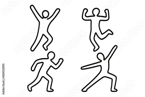 Energetic outline human figures jumping, running, celebrating poses, dynamic motion silhouettes for fitness, exercise, workout, active lifestyle, dance vector illustration