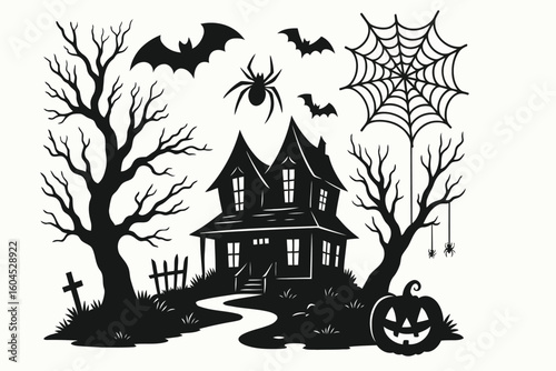 Spooky Haunted House Halloween Illustration with Bats, Spider, and Pumpkin