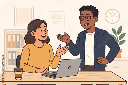 Two colleagues having friendly conversation at office workplace. Business teamwork collaboration communication concept. Professional coworkers talking together in corporate environment