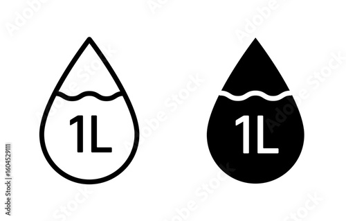 1 Liter icon. Liter fluid volume in liters symbol. One Liter liquid drop