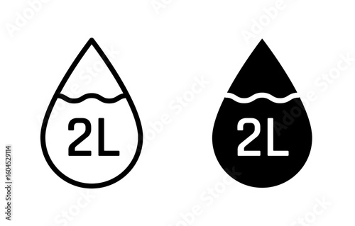 2 Liter icon. Liter fluid volume in liters symbol. Two Liter liquid drop