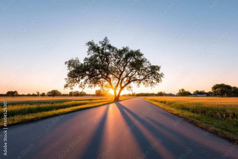 Fototapeta premium Majestic tree stands alone on a winding road at sunset, casting long shadows across the asphalt, creating a serene and tranquil landscape scene