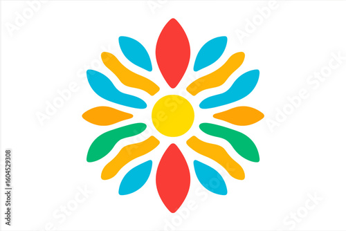 Colorful abstract sunburst flower emblem with yellow center, red petals, aqua orange and green radial shapes, symmetric icon ideal for logo, label, sticker, eco branding