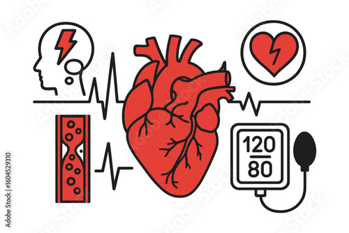 Cardiology heart anatomy hypertension vector illustration. ECG arrhythmia line, 120/80 blood pressure monitor, clogged artery stroke brain icon, cardiovascular disease prevention healthcare design