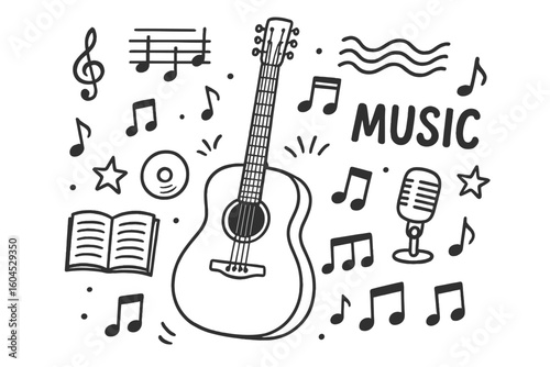 Hand drawn acoustic guitar microphone musical notes doodle vector illustration. Music education symbols, songwriting book, CD icon, treble clef, staff, stars, black outline clipart