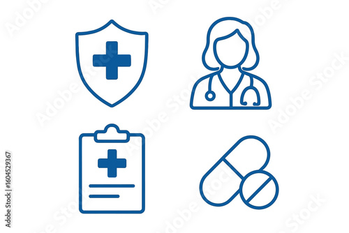Blue line medical icons set: health insurance shield, female doctor avatar, prescription clipboard, pharmacy pill capsule on transparent background for healthcare design
