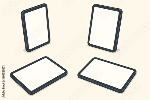 Isometric tablet mockup collection vector illustration set. Digital devices various angles perspectives blank white screens. Clean minimal design template presentation graphics