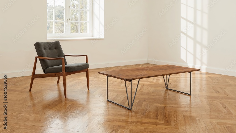 Fototapeta premium Contemporary seating and table arrangement in a sunlit space