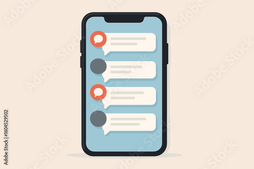 Mobile smartphone with chat message notifications on screen, messenger app interface, push alert bubbles, communication concept, flat cartoon vector illustration on light background