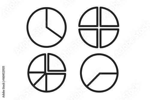 Pie chart outline icons set vector infographic collection. Circular diagram slices, quarter segments, analytics statistics dashboard visualization isolated on transparent background