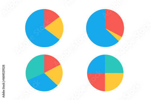 Colorful segmented pie chart set vector illustration, four infographic diagrams showing data distribution, transparent background for business finance reporting and marketing