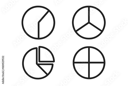 Minimalist outline pie chart icon set, four circular infographic diagrams showing 25 33 50 75 percent segments, statistics symbols for data analytics, transparent background vector