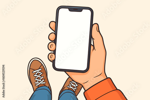 First person view smartphone empty screen top-down perspective. Mobile phone blank display mockup. Overhead view feet sneakers. Vector illustration technology concept