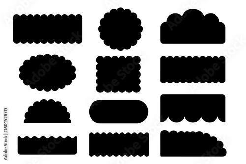 Scalloped edge shape silhouettes set. Decorative scallop border frames, rounded badges, label clipart, blank sticker templates, black vector banner elements on transparent background