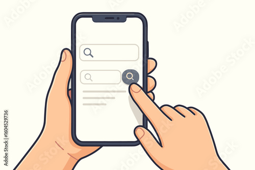 Smartphone mobile search concept: hand tapping magnifying glass icon on blank search bar. Web browsing, online research, vector cartoon illustration on light background for UI mockup.