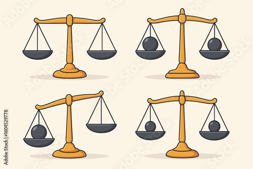 Balance and imbalance justice scales set, cartoon gold weighing scale icons showing equilibrium and heavy weight comparison, equality versus inequality metaphor vector illustration