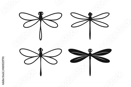 Elegant minimalist dragonfly silhouettes set, four simple nature insects line art and solid icons, logo or tattoo design, black vector illustration on transparent background