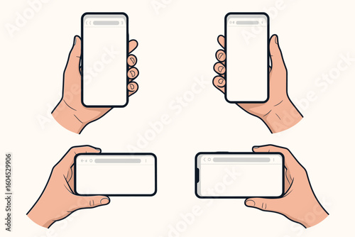 Smartphone mockup collection hands holding mobile phones with browser interface. Vector illustration set device screens portrait landscape orientation technology UI