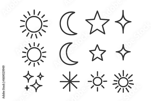 Sun moon star sparkle thin line icon set with radiating rays, crescent moon, outlined star, stroke celestial symbols, editable stroke vector isolated on transparent background