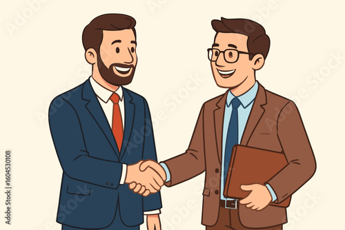 Business partnership handshake between two smiling corporate businessmen in suits, closing agreement deal, colleagues teamwork cooperation, office success concept, cartoon vector illustration