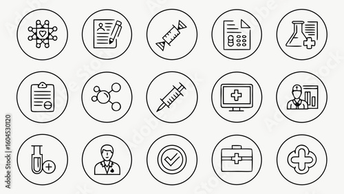 Editable Clinical Icon Set – 30 Thin Line Vector Icons in Clean 6×5 Grid Layout – Includes Doctor, Patient, Stethoscope, Lab, Injection, Report & Medical Equipment – Transparent Background

