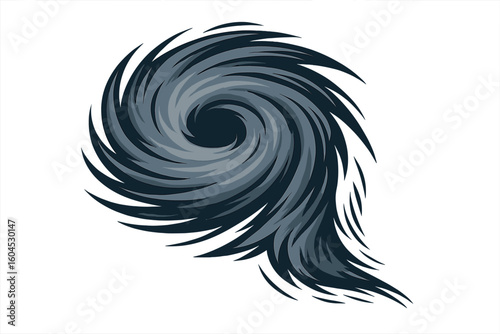 Spiraling typhoon hurricane cyclone icon, abstract dark storm vortex eye, swirling wind spiral emblem, tropical weather disaster symbol vector illustration on white background