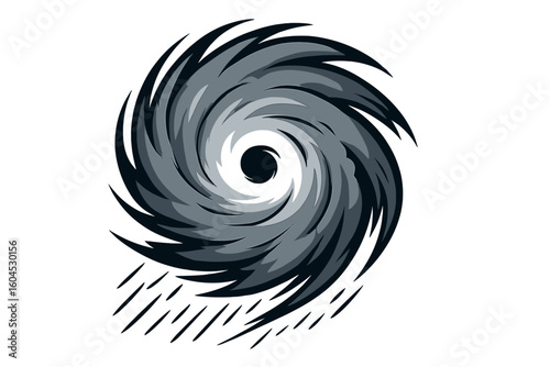 Powerful typhoon hurricane cyclone vector icon with swirling vortex eye, dramatic tropical storm symbol with rain streaks, monochrome grayscale swirl for weather forecast design