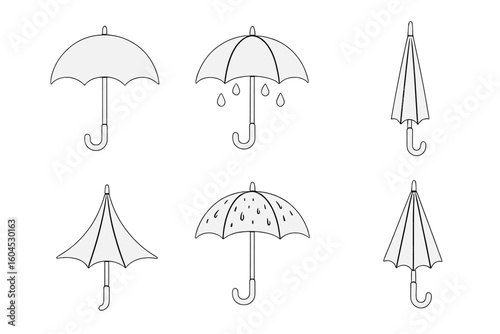 Umbrella outline icon set – open canopy, folded parasol, inverted rain shield, wet raindrop drip, thin line weather protection accessory collection on transparent background