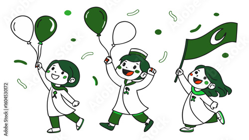 Happy Kids Celebrating Pakistan Independence Day – Holding Balloons, Wearing Green & White Outfits – Joyful Outdoor Scene, Festive Mood, No Flag Used, Commercial Safe

