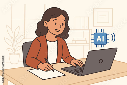 Artificial intelligence at work concept with businesswoman writing notes while laptop shows AI chip icon, office setting, using assistant technology for productivity, illustration