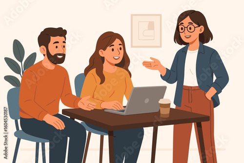 Business team meeting office collaboration teamwork casual attire colleagues discussing project presentation brainstorming modern workplace vector illustration