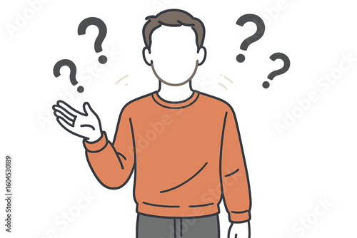 Faceless anonymous man shrugging with question marks, symbol of confusion, identity crisis, lack of personality, mental emptiness, uncertainty, self discovery vector illustration