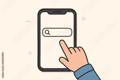 Hand tapping smartphone search bar on blank screen, mobile search engine interaction, flat lay cartoon vector illustration for online browsing, marketing, UX concept