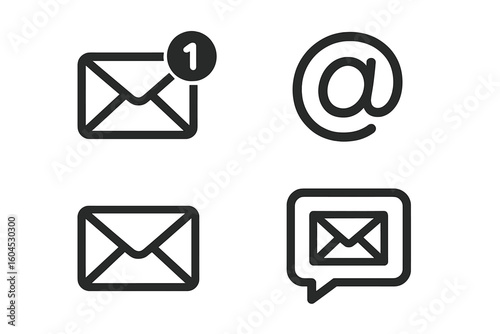 Email notification icon set with envelope symbols, at sign, inbox message alert badge, chat bubble mail, minimalist line pictograms for communication on transparent background vector