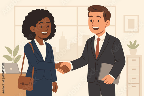 Business partnership handshake between diverse male and female professionals in modern office, corporate agreement, successful deal, career networking, collaboration concept, vector illustration