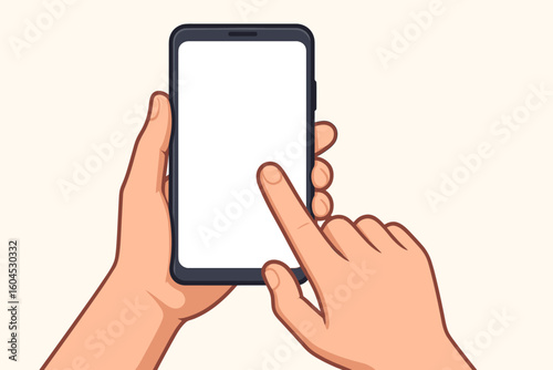 Smartphone blank screen mockup with male hands holding and tapping touch display, mobile app interface template, cartoon vector illustration, isolated on background for UI design