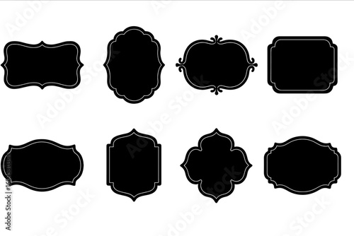 Vintage ornate label frames, black silhouette decorative borders, blank elegant retro badge shapes for branding design, logos, certificate templates, wedding invitations, packaging vector