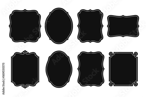 Vintage ornate frame silhouette collection, elegant retro labels, decorative borders and badges, black scroll shapes for branding, logo design, certificates, invitations vector