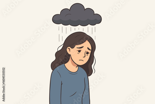 Depressed woman under dark rain cloud concept vector illustration. Sad female with downcast eyes symbolizing anxiety, stress, burnout, melancholy, mental health, mood disorder.