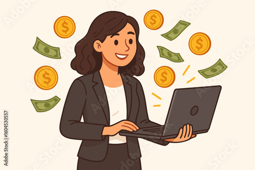 Smiling businesswoman holding laptop surrounded by flying dollar coins and cash illustration, concept of online earnings, passive income, remote work, digital profit