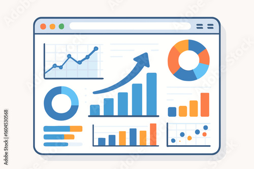 Business Data Analytics Dashboard Web Browser Interface with Charts Graphs Statistics Visualization Intelligence Platform Reports Vector Illustration