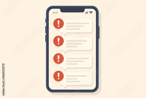 Mobile smartphone screen push notifications alerts messages vector illustration. Phone display red notification badges communication technology concept