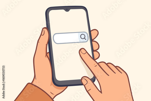 Mobile search concept vector illustration. Hands holding smartphone with search bar interface. Online web browsing, internet query, digital technology user experience design