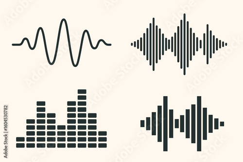 Audio waves vector collection. Set of 4 soundwave symbols. Music waveform and spectrum analyzer illustration. Voice frequency and equalizer icons for audio technology.