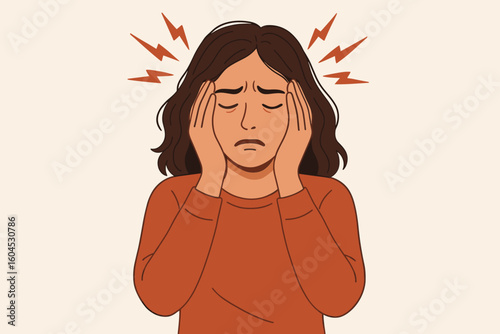 Migraine headache stress burnout depression mental health exhausted woman female pain anxiety vector illustration medical healthcare wellness concept